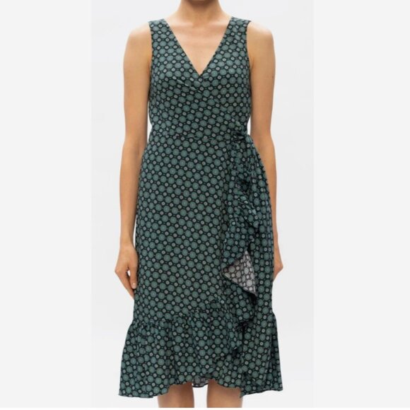 TORY BURCH Ruffle Wrap Sleeveless Dress in Black Batik Medallion | Size 12 - Picture 5 of 11